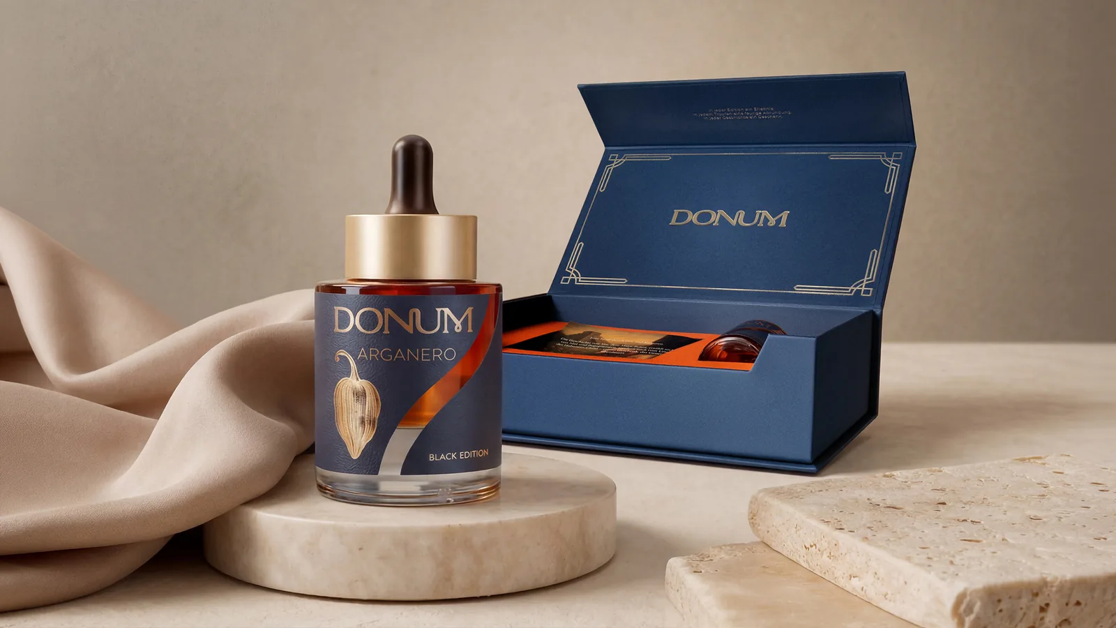 DONUM ARGANERO Edition mit geöffneter Präsentationsbox auf Naturstein